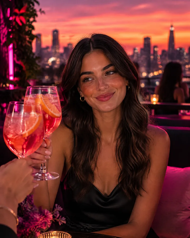 AI-generated image: a woman raising a pink spritz at sunset on a rooftop bar