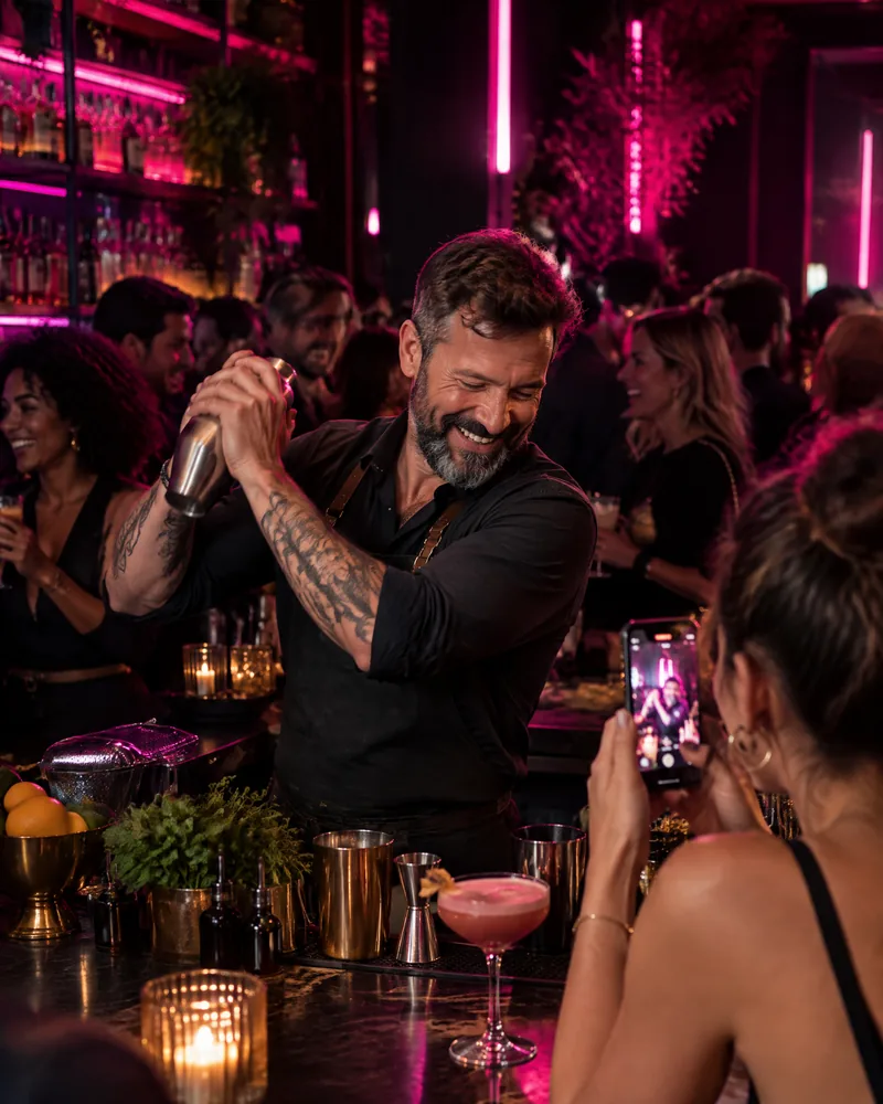 AI-generated image: a bar owner laughing while shaking a cocktail for guests