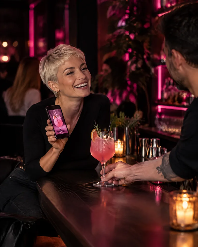 AI-generated image: a bartender sliding an aperitif across the counter to a guest at night