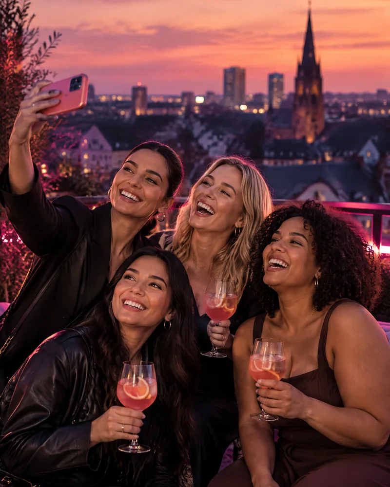 AI-generated image: four friends filming a story together at a rooftop party