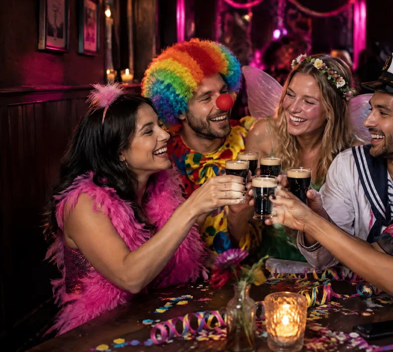 AI-generated image: friends in costume toasting at a corner pub