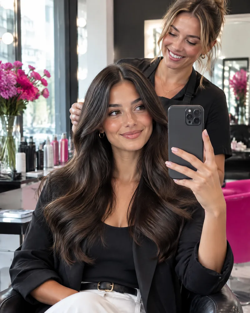 AI-generated image: a woman taking a mirror selfie with a fresh blowout after her hair appointment