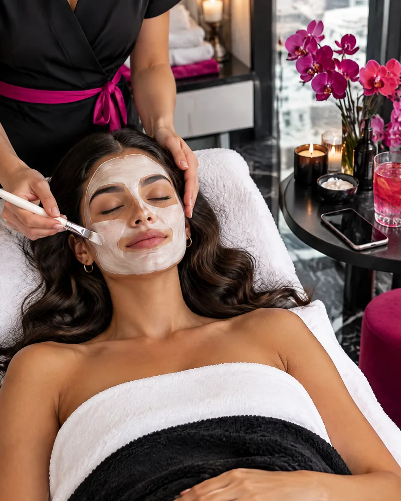 AI-generated image: a creator getting a facial mask applied at a spa