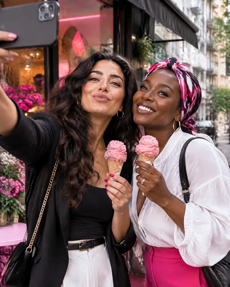 AI-generated image: two friends taking a selfie outside an ice cream café