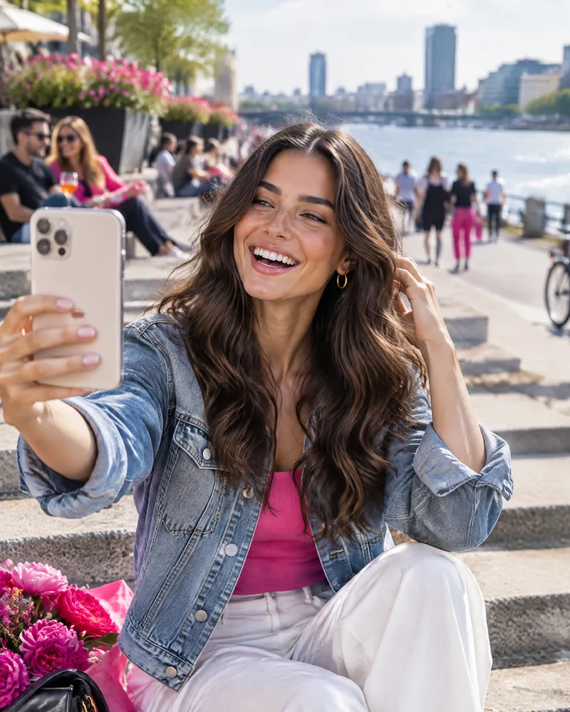 AI-generated image: a creator laughing while filming a story on a riverside promenade