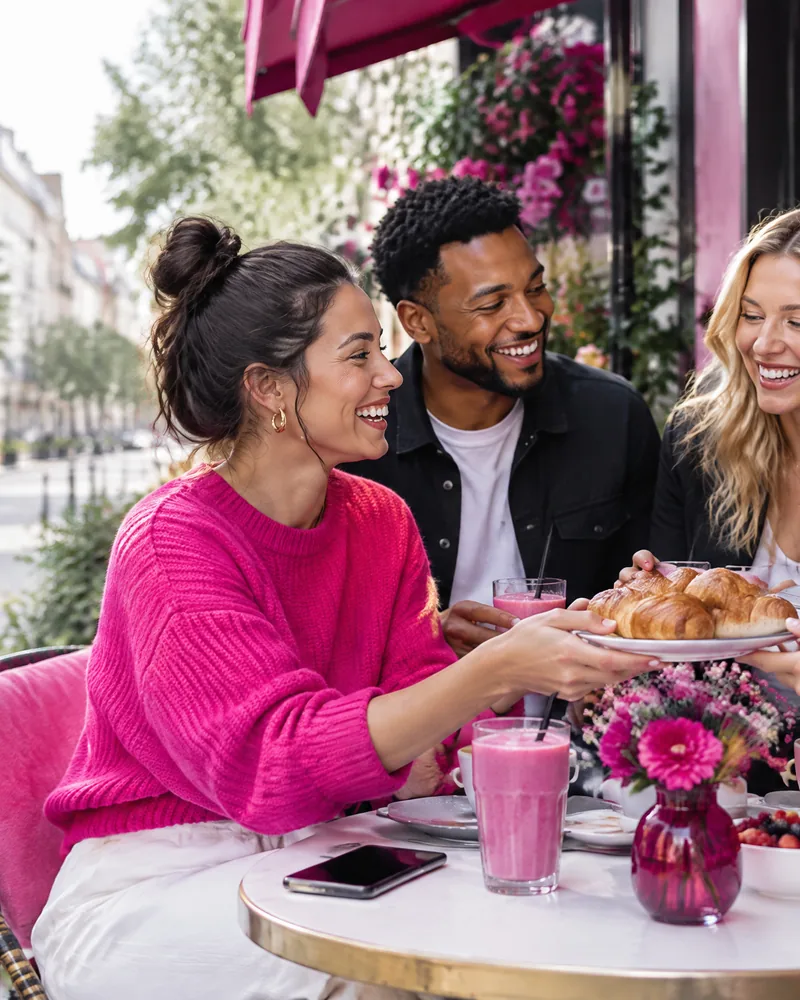 AI-generated image: a mixed group of friends at a Sunday brunch on a terrace