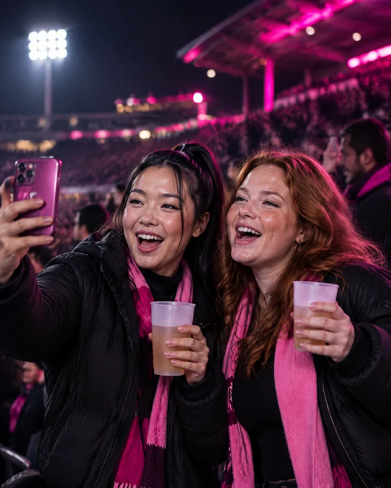 AI-generated image: two friends cheering in the evening on a stadium stand