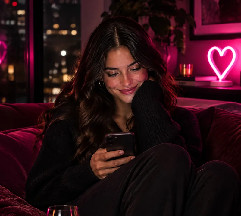 AI-generated image: a woman relaxing on the sofa in the evening with her phone