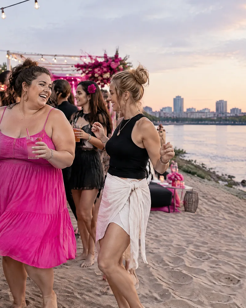 AI-generated image: a crowd dancing at a beach party by the river