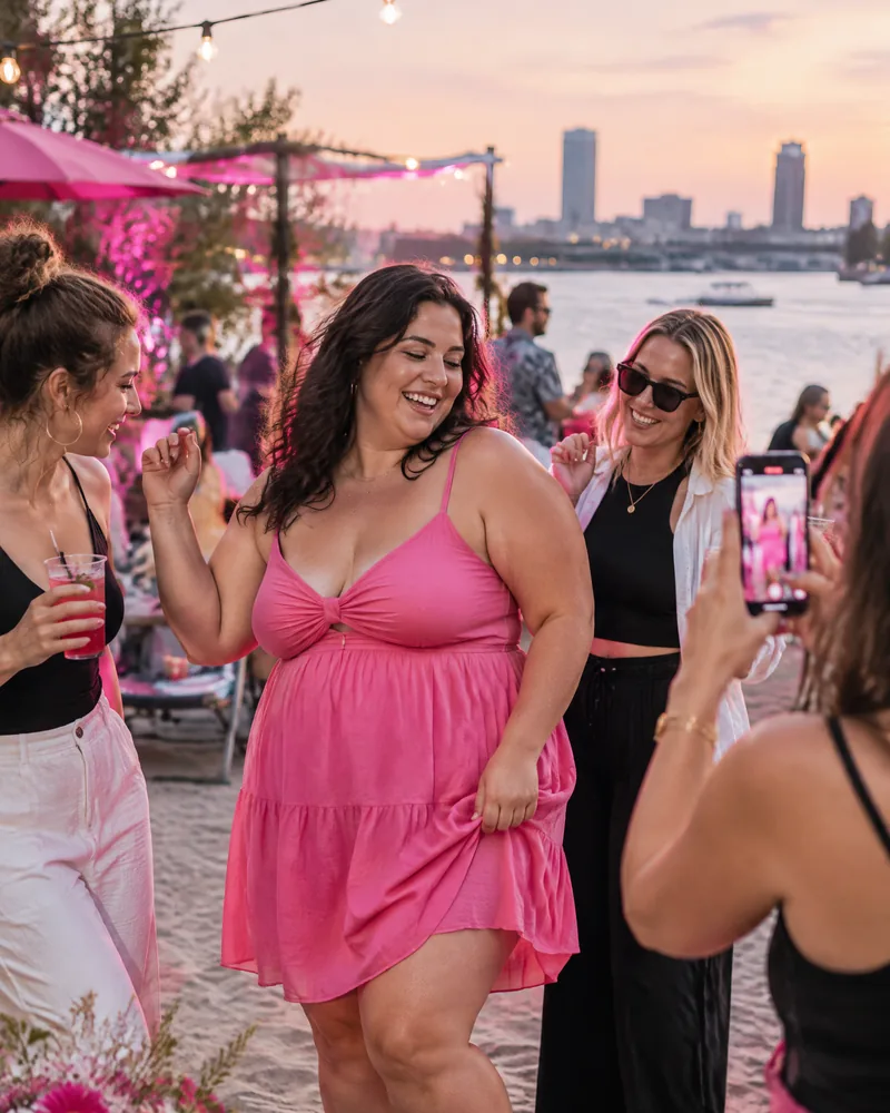 AI-generated image: a friend dancing joyfully at a beach party by the river