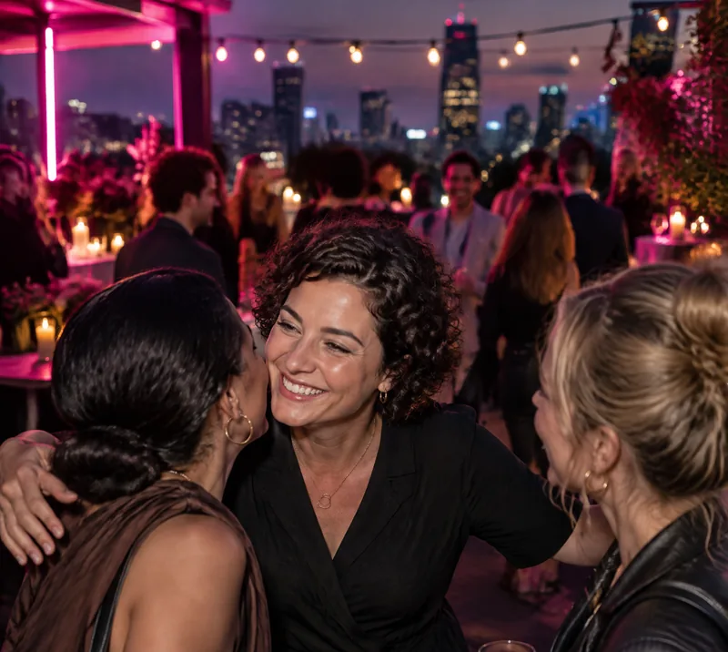 AI-generated image: an organiser warmly welcoming two guests at a rooftop party