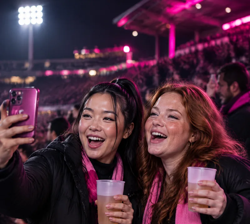 AI-generated image: two friends cheering in the evening on a stadium stand