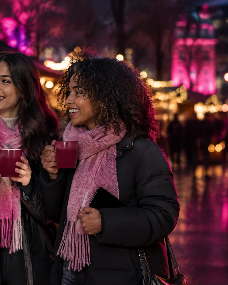 AI-generated image: three friends with mulled wine at a winter market