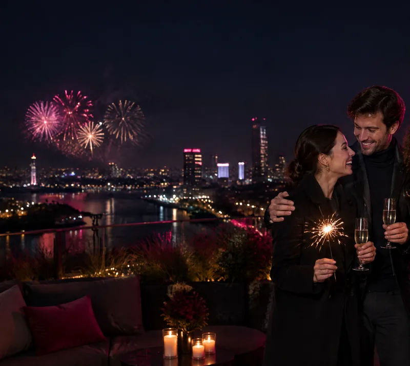 AI-generated image: a group celebrating with sparklers on a rooftop terrace