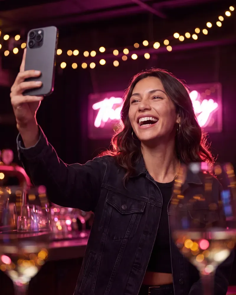 Creator filming herself laughing on her phone in a bar, neon backlight.