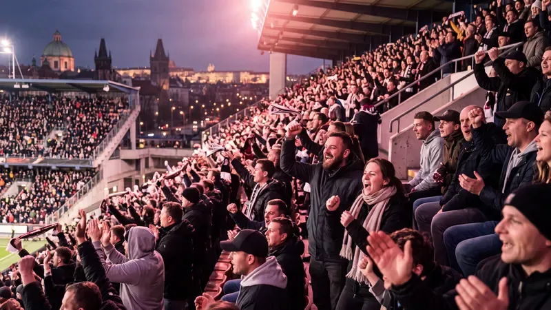 Stands at an evening sports event, the crowd cheering.