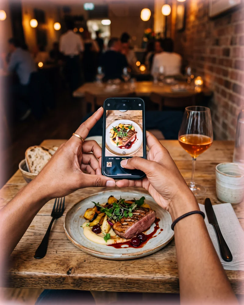 Restaurant table from above, hands photographing the food with a phone.