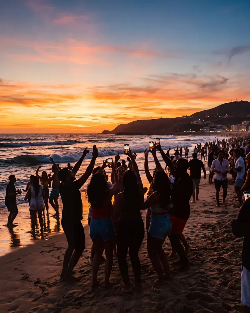 Beach party at sunset, phones held up in the air.