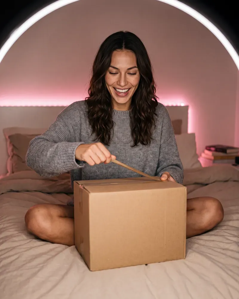 Unboxing on a bed under a ring light, an unbranded product.