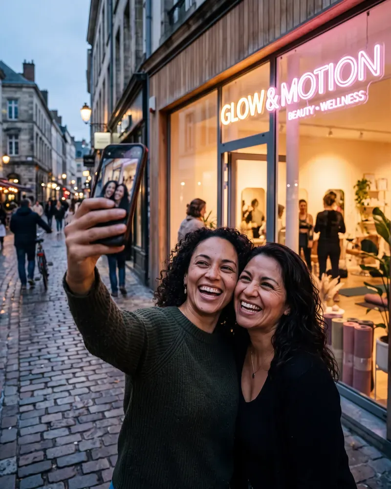 Two friends taking a selfie outside a beauty studio in the evening.