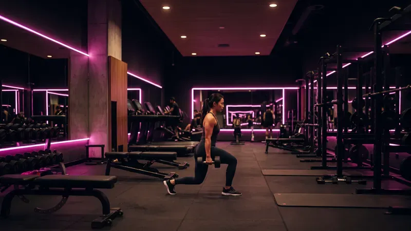 Gym with pink light strips, someone training in the background.
