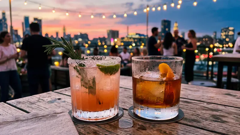 Two drinks on a rooftop bar at dusk.