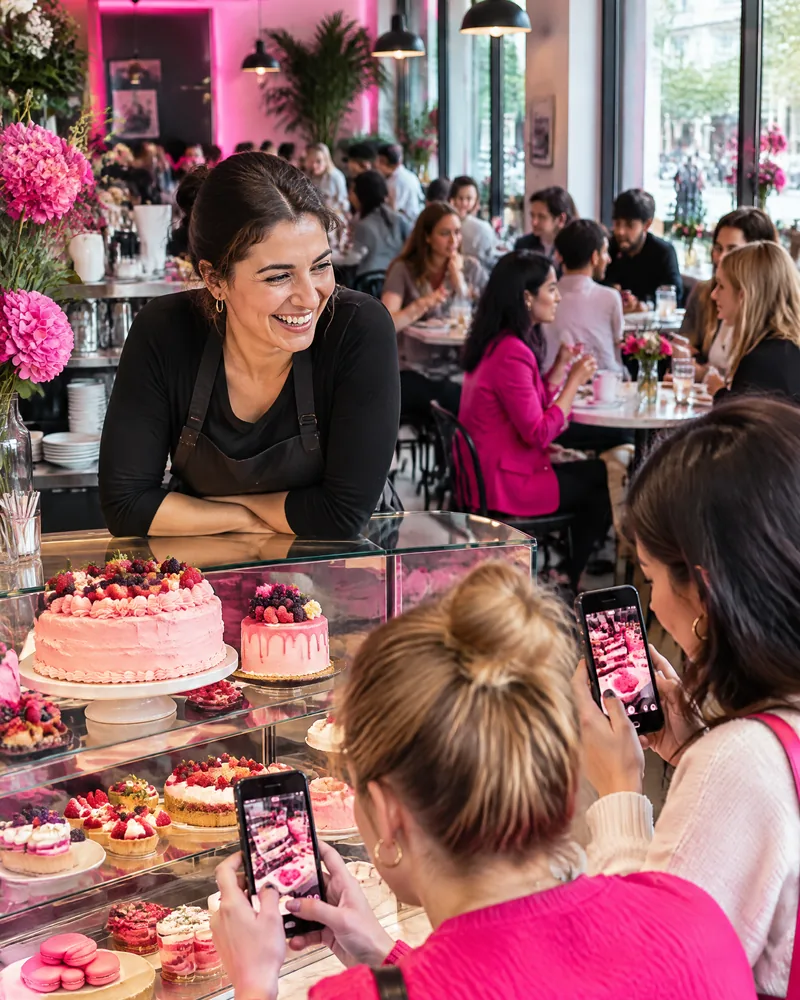 AI-generated image: café owner handing over a slice of cake across the counter
