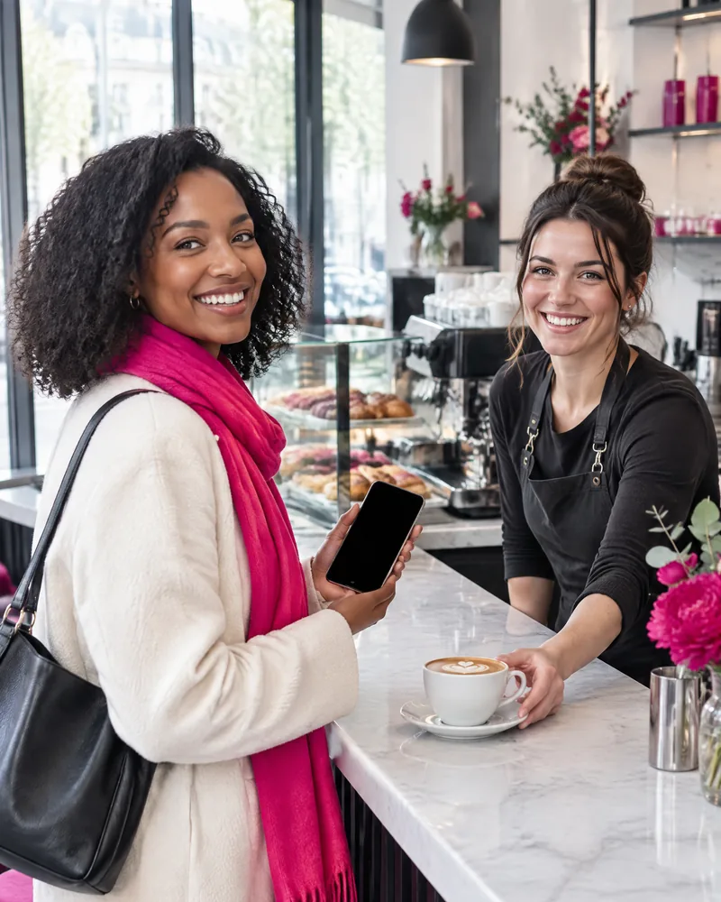 AI-generated image: a barista smiling as she hands over a cappuccino at the counter