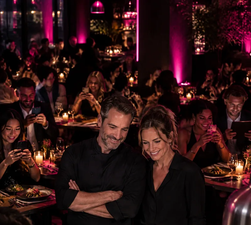 AI-generated image: an owner couple watching proudly as guests photograph their plates in a full restaurant