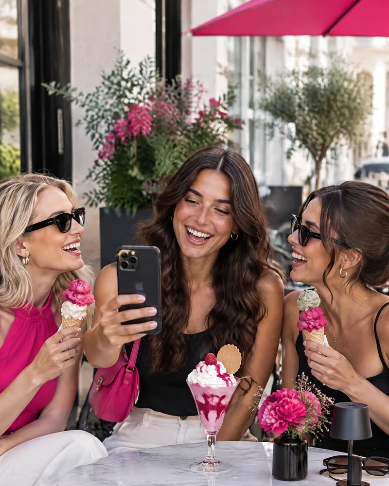 KI-generiertes Bild: Drei Freundinnen lachen gemeinsam über ein Foto, in der Hand Eiswaffeln