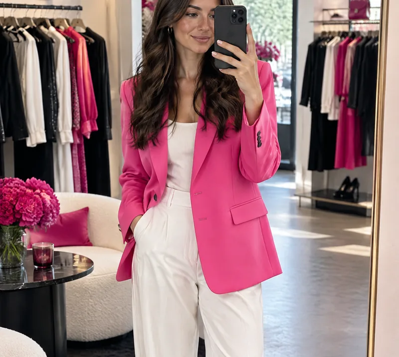 AI-generated image: a woman trying on a blazer in a boutique, taking a mirror photo